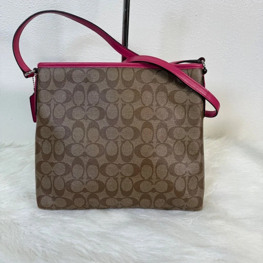 Coach Large File Shoulder Bag Signature PVC Canvas Khaki Dahlia Pink F58297